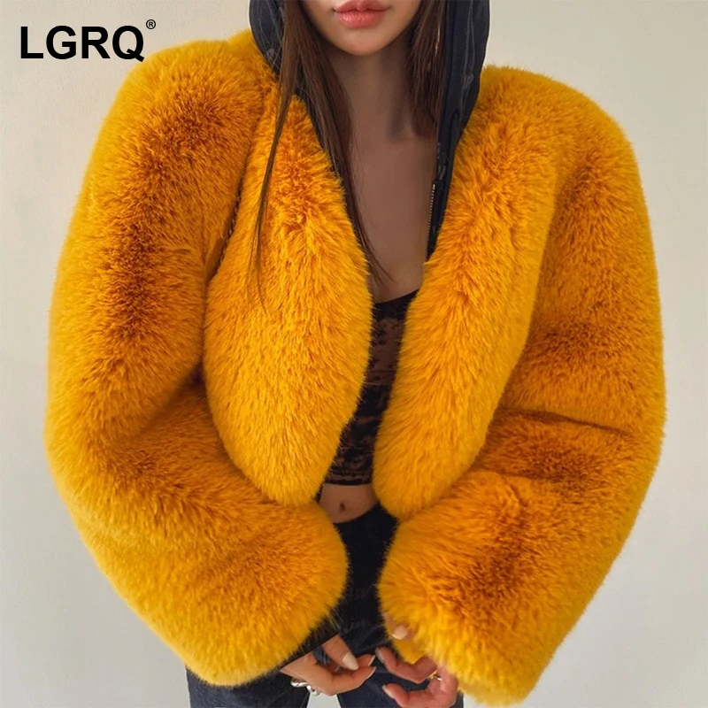 

[LGRQ] Loose Warm Fluffy Faux Fur Short Jacket New Round Neck Long Sleeve Women's Coat Fashion Tide Autumn Winter 2021 19D4751