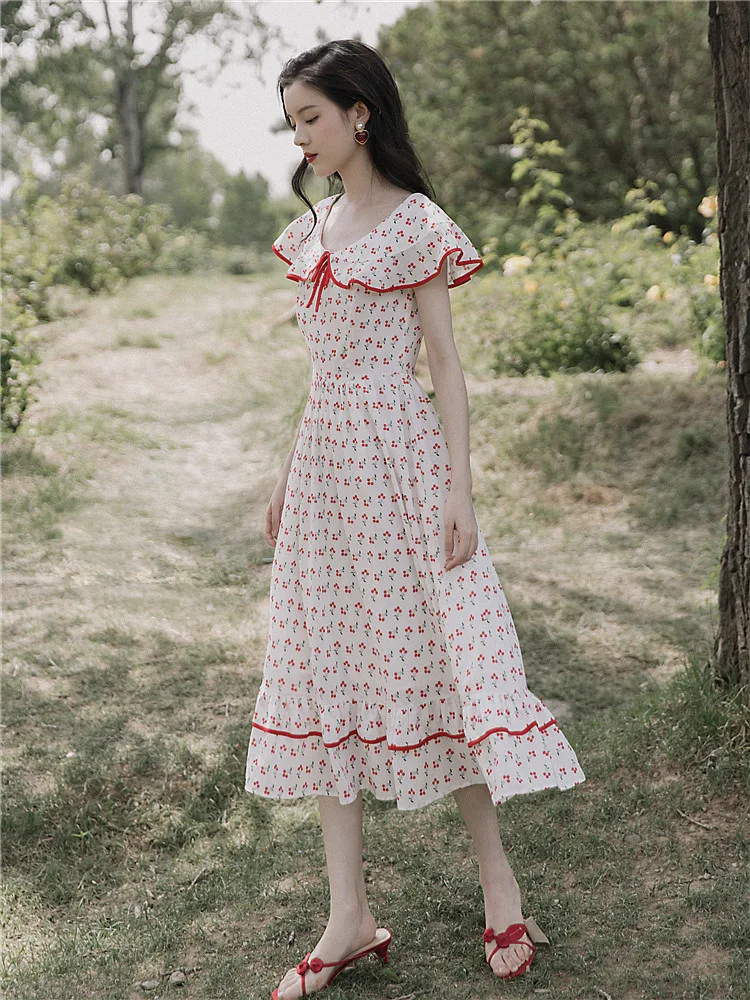 

French niche skirt platycodon skirt summer style new floral flying sleeve dress super fairy skirt