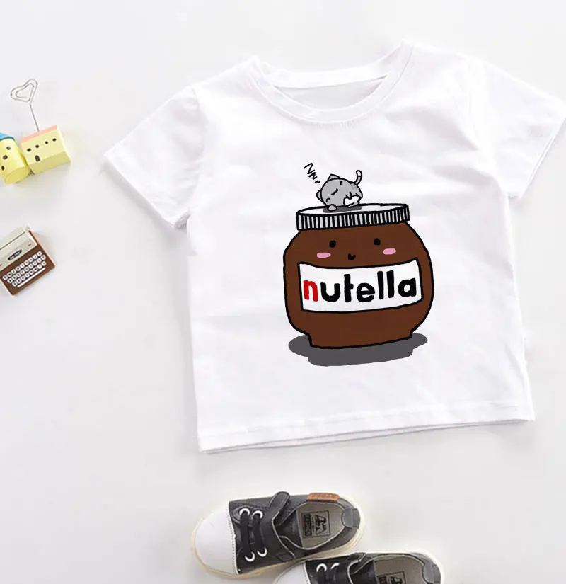 

Summer Children Clothes Print Fashion Top Chocolate Girls Tshirt Fun Round Neck Boys Tshirts White Kids Tshirt New Short Sleeve