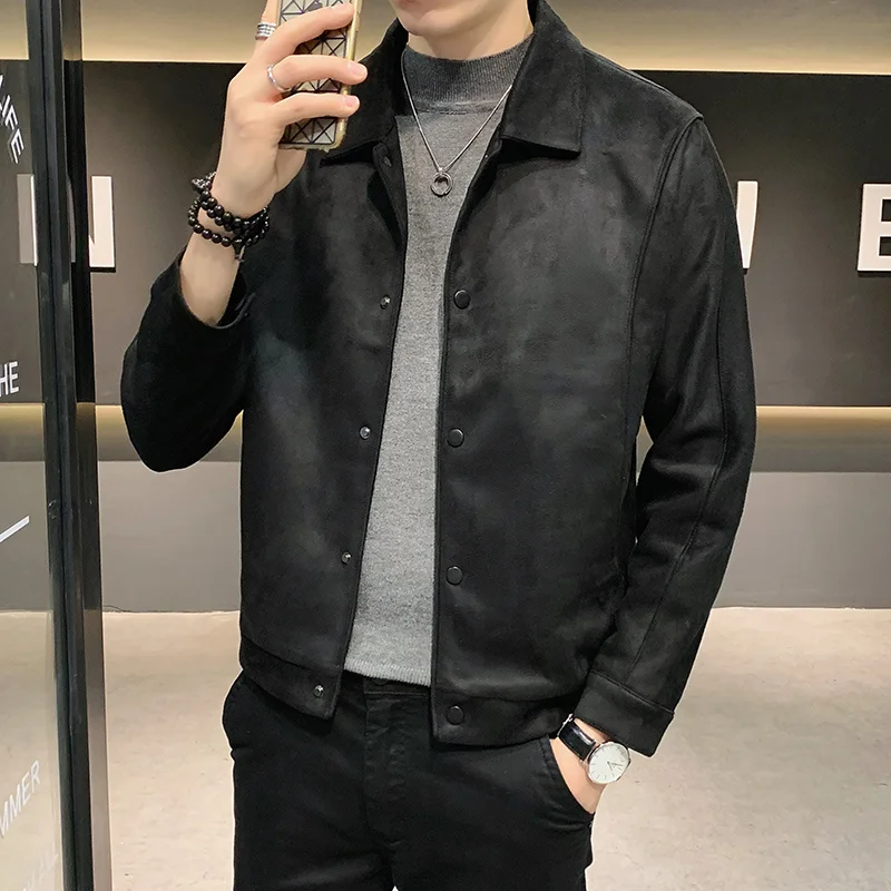 Мужская замшевая куртка с длинным рукавом повседневная приталенная