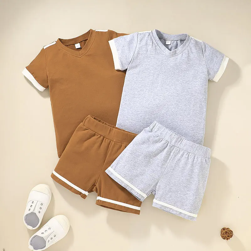 

kids boys summer clothes set short sleeve v-neck T-shirt+shorts 2pcs toddler infant outfit children 2021 baby suit gray 1-5Y