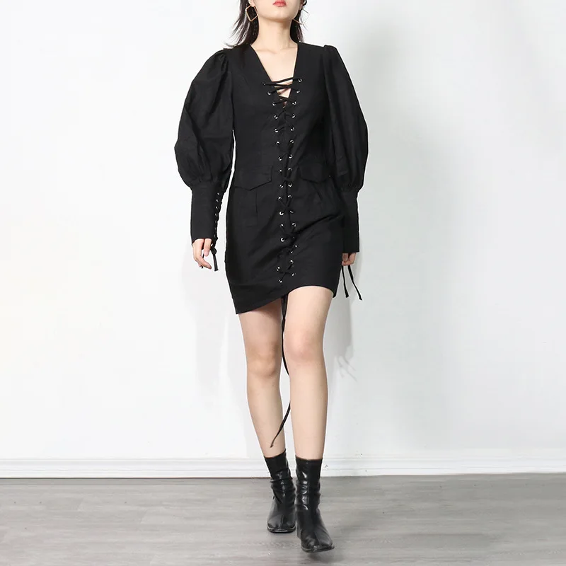 

Autumn 2021 new style V-neck puff sleeves solid color slim-fit lace-up dress women's fashion hollow lace-up bag hip short skirt
