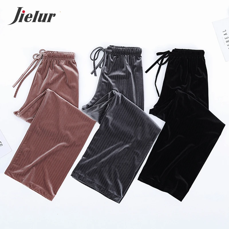 

Jielur Winter New Gold Velvet Wide Leg Pants Vertical Stripe Straight Women's Trousers Chic Loose Black Gray Long Pants S-XXL