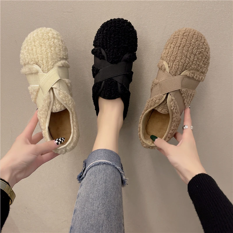 

Женские Меховые Туфли на резинке, новинка 2021, женские зимние теплые хлопковые туфли, женские плюшевые модные лоферы, обувь для ленивых женщи...