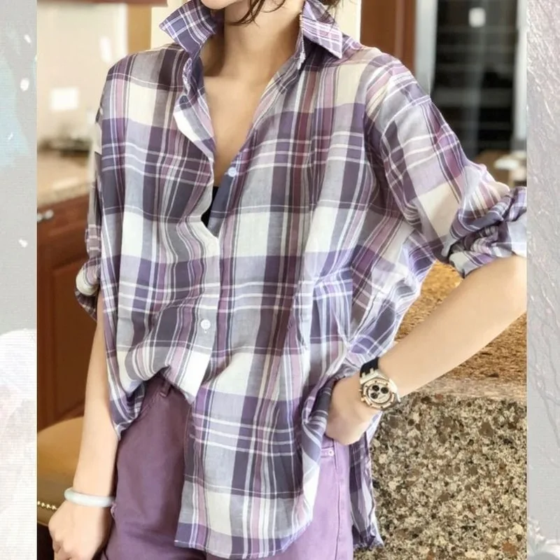

Women 2021 Spring Autumn New Korean Fashion Versatile Purple Plaid Tops Loose Turn-down Collar Single-breasted T-shirts Y686