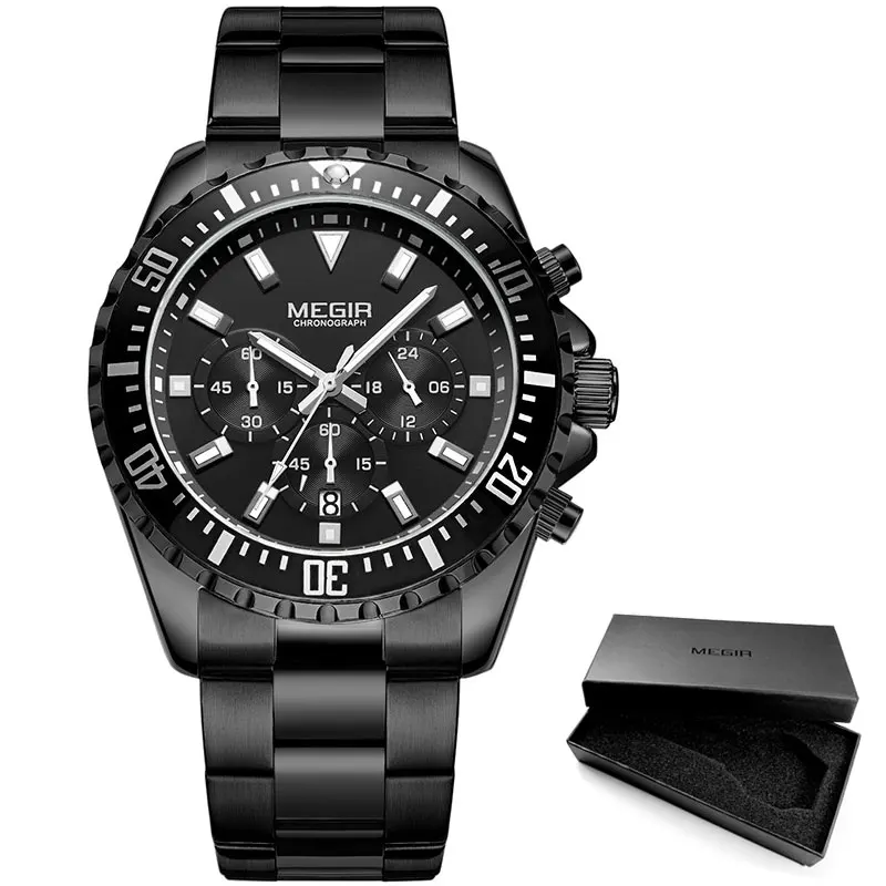 MS2064G-Black Мужские деловые кварцевые часы MEGIR из нержавеющей стали, аналоговые наручные часы с хронографом и 24 часами, светящиеся мужские часы 2064G-BK-1 - Цвет: MS2064G-Black