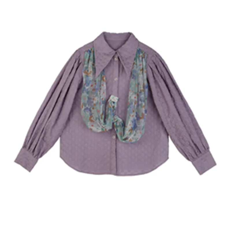 

CHICEVER Purple Shirts For Women Lapel Lantern Long Sleeve Patchwork Lace Up Designer Hit Color High Street Blouses Female 2020