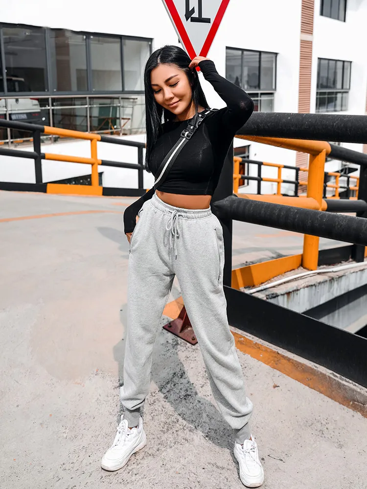 Zippered Pocket Sweatpants Joggers Soft Touch Loose Harem version Dance Exercise Fitness Pants Drawcord Running Trousers Women