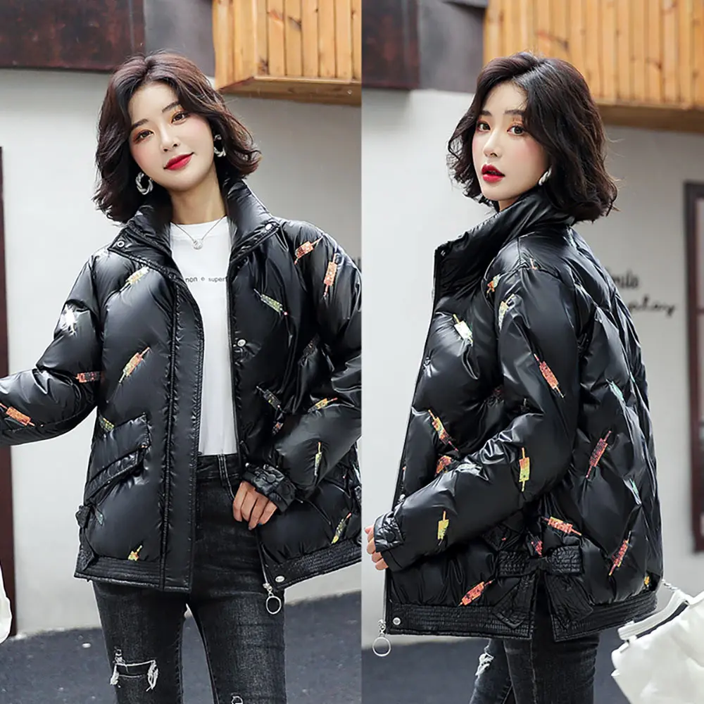 Vielleicht New Fashion Female Winter Windproof Jacket Casual Stand Collar Glossy Sequins Women Winter Parkas Short Coat Outwear