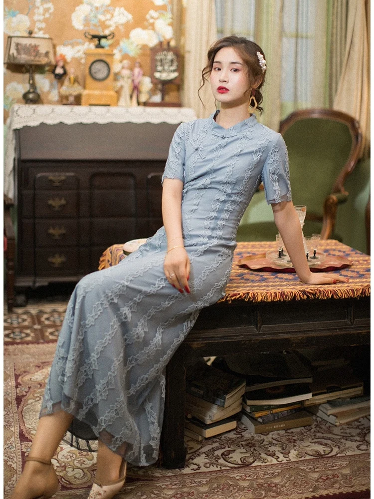 

IRINAMM147 2020SS mandarin collar short sleeve midi long embroidered lace dress