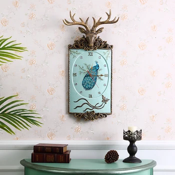 Retro Deer Head, Peacock Flowers and Birds, Silent Wall Clock, 26x66CM, Home Clock Decoration