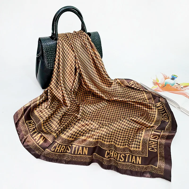 

Silk Scarf Women 2021 New Plaid Dot Printing Large Square Scarf Satin Satin Turban Scarf Shawl Wholesale
