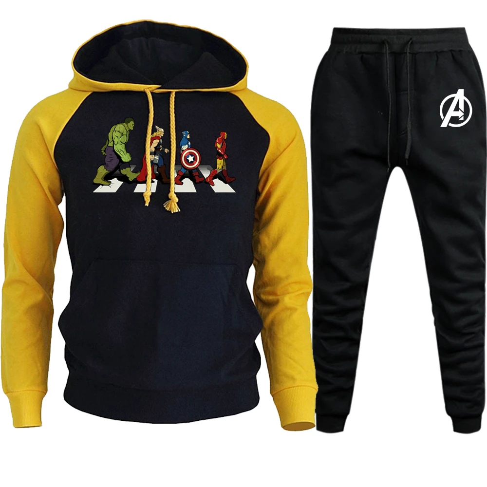 Мужская популярная одежда с принтом Мстителей Marvel, толстовка с капюшоном+ штаны, мужские комплекты, повседневная спортивная одежда, Железный человек, пуловеры, толстовки, штаны