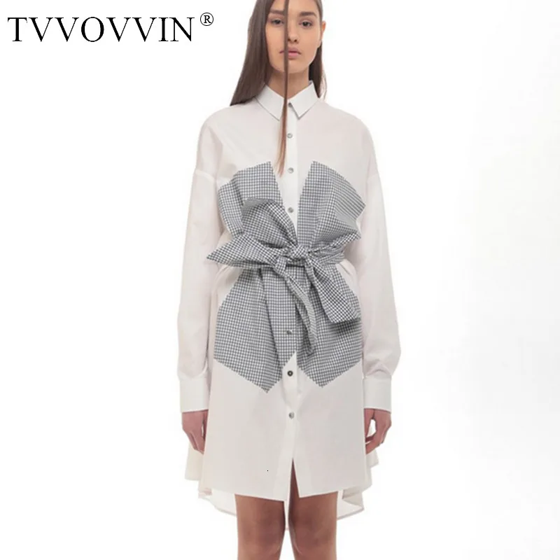 TVVOVVIN [] Новинка, осенняя Женская одежда, европейский стиль, отложной воротник, длинный рукав, бант, серый, пэчворк, имитация двух частей, рубашка, платье J823