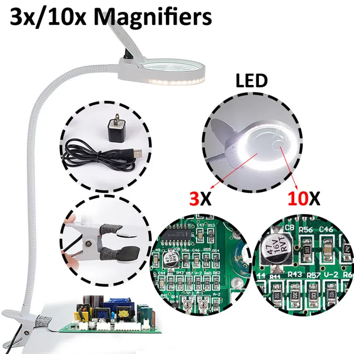 PD-5S white 3-10X Настольная Лупа 3X/10X с увеличительным стеклом, настольная машина, светодиодный светильник для обучения чтению, для салона красоты, тату для ногтей, 220 В - Цвет: PD-5S white 3-10X