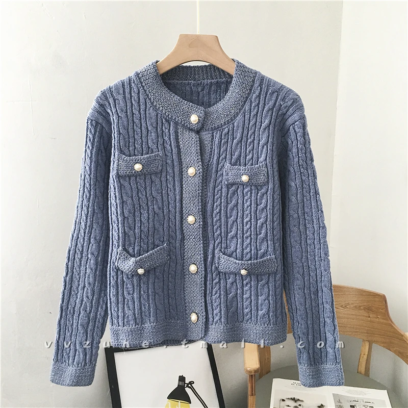 JMPRS Cardigans Women Sweater Fashion Pearl Buttons O Neck Twisted Knitted Short Jackets Pockets Korean Warm Winter Thick Tops |