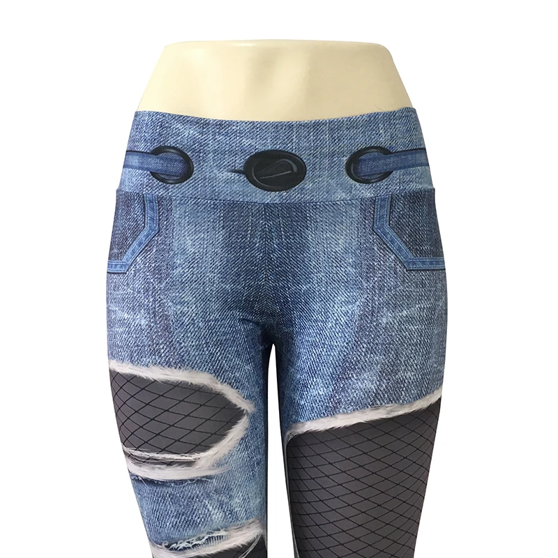 Women Imitation Denim Leggings Printed Fashion Leggings High Waist Hip Lift Yoga Pants Fitness Workout Running Activewear