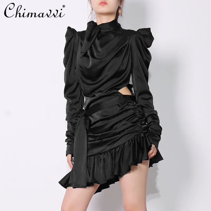 

Fashion Irregular Design Dress for Women 2021 Summer New Ruffled Stitching Temperament Dress Commuter Satin Lace-up Short Dress