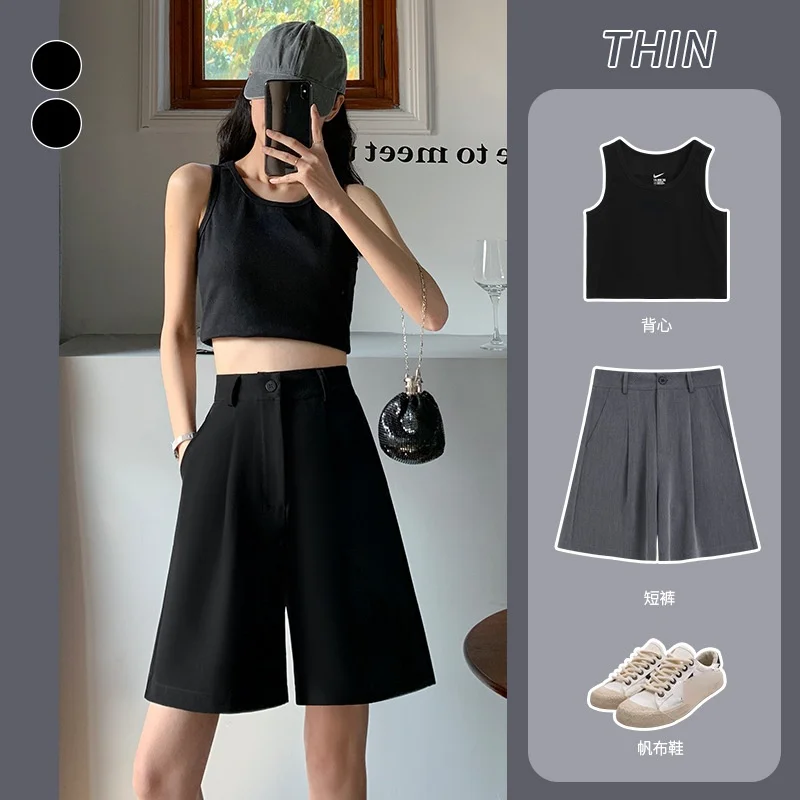 Новинка 2021 Костюмные тканевые летние прямые брюки с высокой талией средней длины