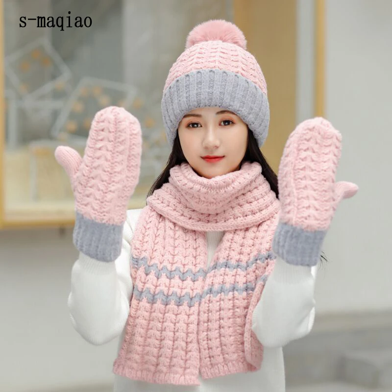 

2020 New Women Winter Hat Scarf /Gloves Sets Female 3 Piece Knitted Hats Scarf Set Caps Sweet Girl Warm Skullies Beanies Hat