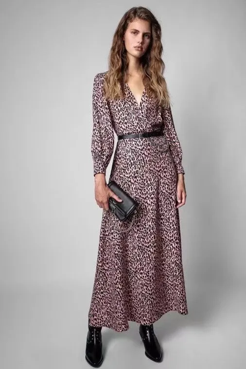 

Women Dress New Style Long-sleeved Leopard Print Mid Length Dress