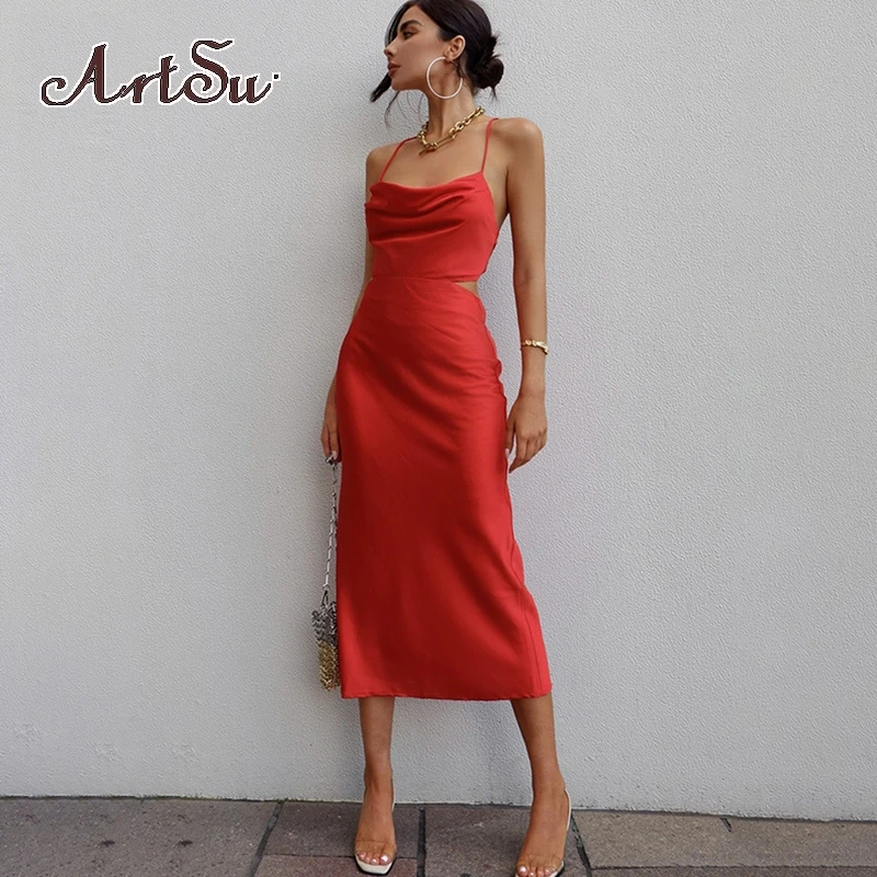 

Artsu Fashion Straps Draped Midi Dress Women Sleeveless Dresses Elegant Summer Bandage Lace Up Gown Outfits Clothes