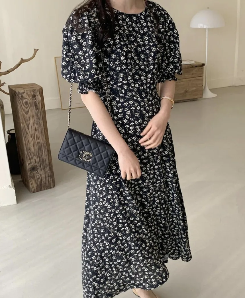 

Korean Chic New Summer round Neck Retro Temperament Waist-Controlled Slimming Cute Youth-Looking Floral Midi Dress