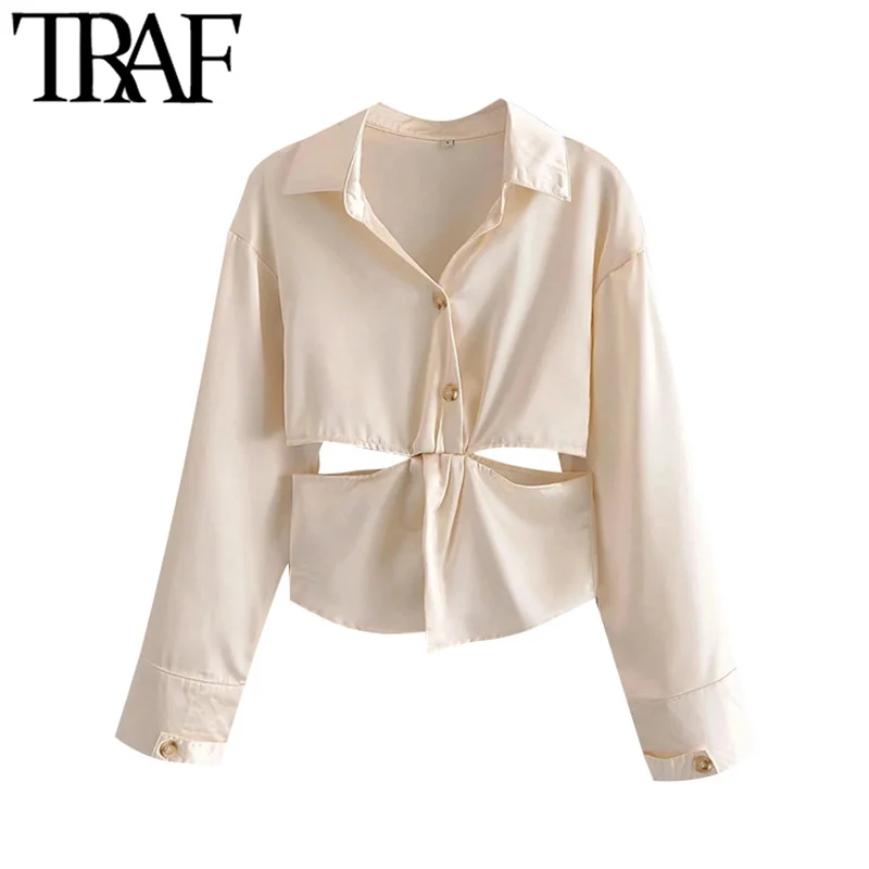 

TRAF Women Fashion With Knotted Hollow Out Blouses Vintage Long Sleeve Back Tied Female Shirts Chic Tops