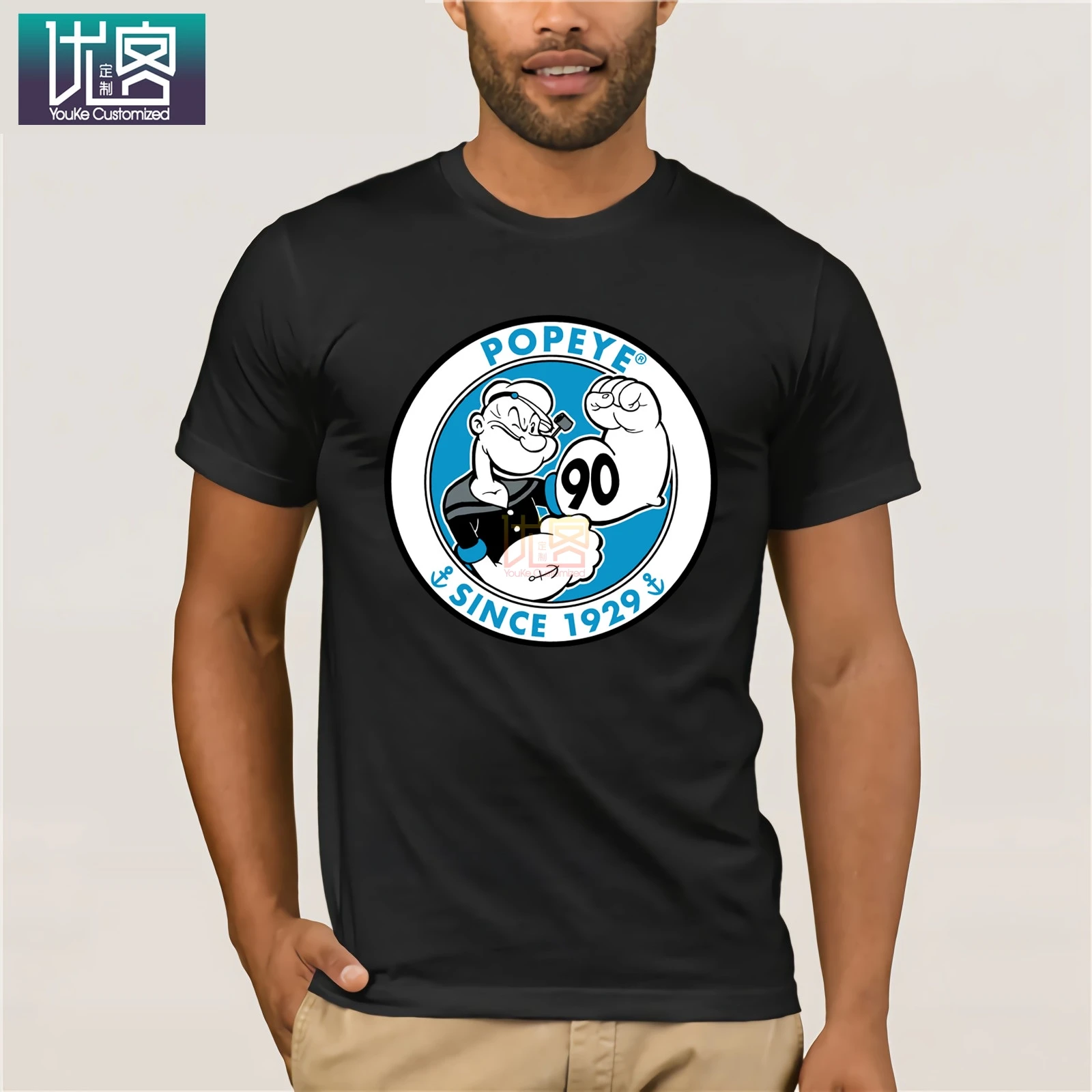 Мужская футболка Popeye 90 й темно синяя удивительная с коротким рукавом Уникальный