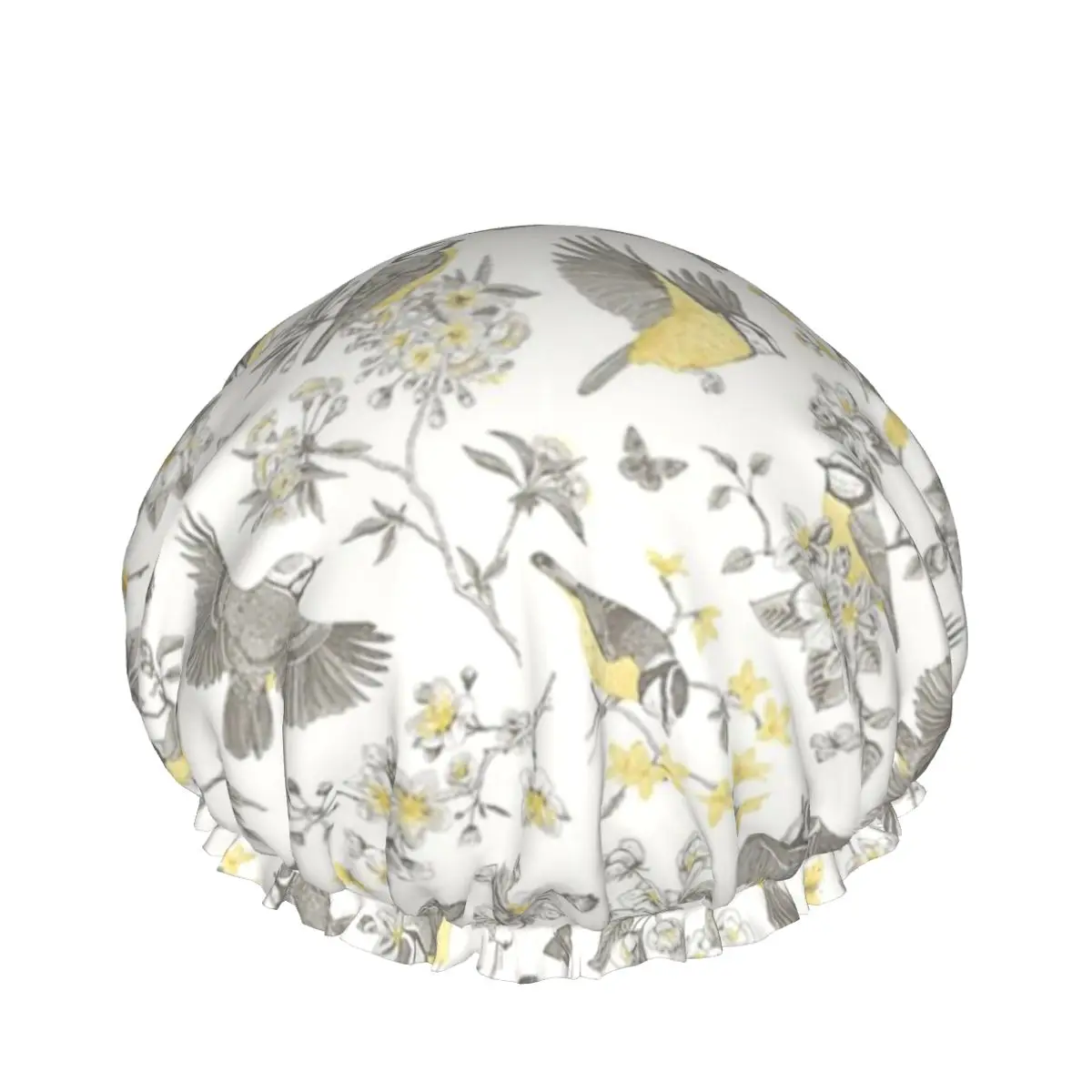 

Grey Yellow Bird Toile De Jouy Double waterproof shower caps Customized shower caps hair care drying accessories for women