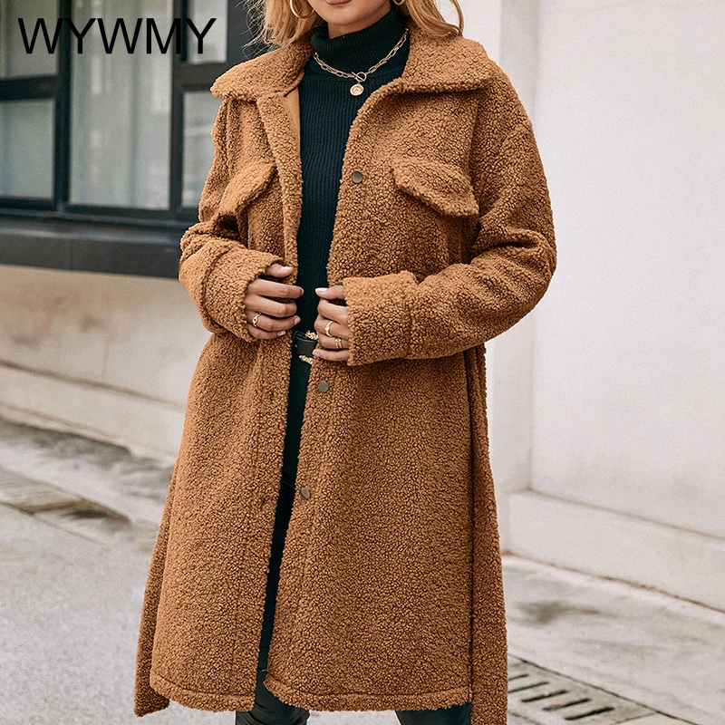 

WYWMY Autumn Winter Women Wool Coat Medium Length Lapel Belt Single Breasted Plush Windbreaker Coat Long Sleeved Plush Wool Coat