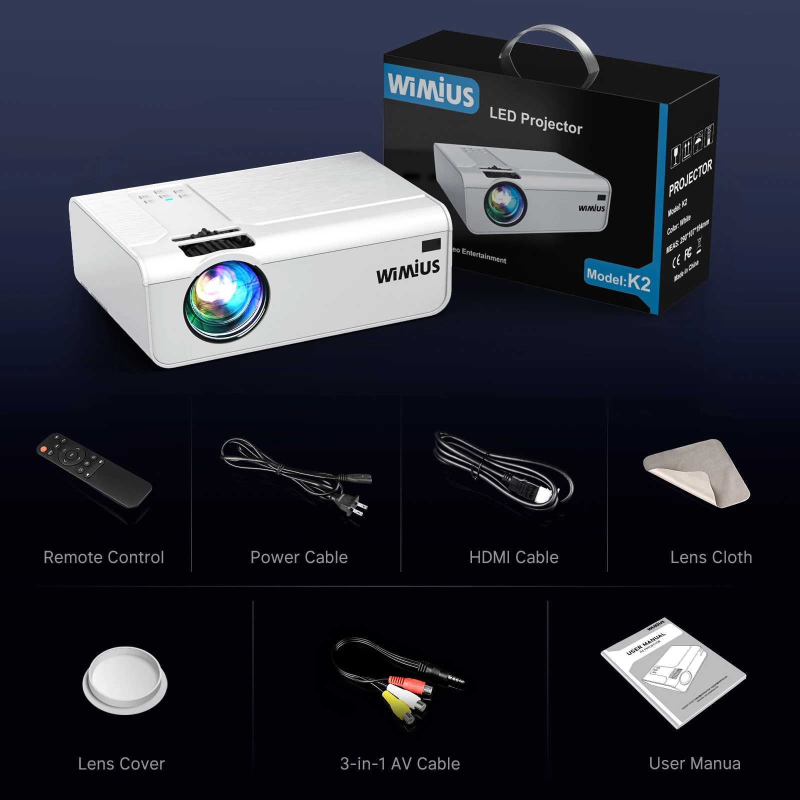 WIMIUS Mini Projector WiFi Projectors K2 Native 1080P/4K Support 300’’ Screen LUNENS 5500 projector for Home phone | Электроника
