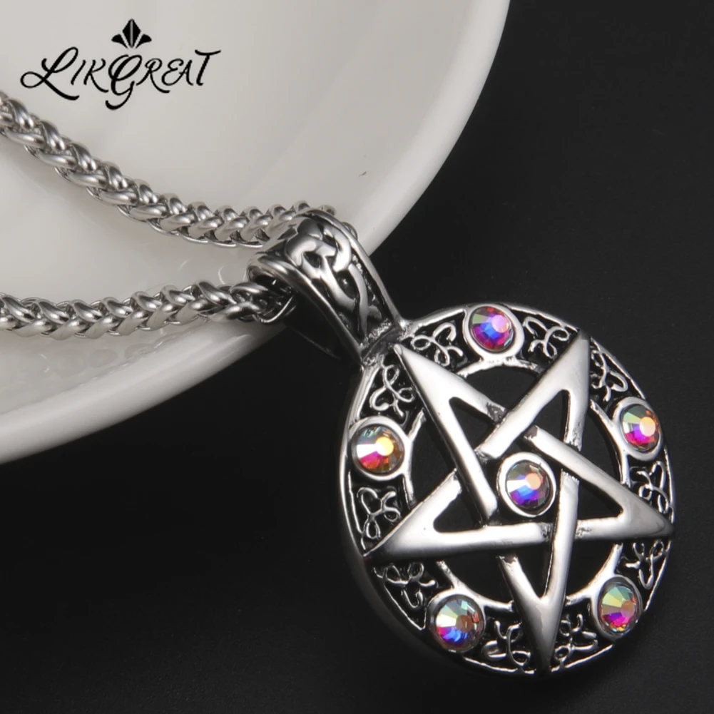 

Supernatural Wicca Men Women Necklace Hollow Pentagram Pentacle Star Zircon Pendant Choker Gothic Viking Stainless Steel Jewelry