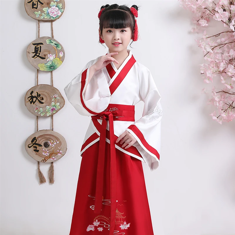 Tangsuit традиционная китайская одежда для детей Hanfu вышивка древняя Династия Тан топ юбка комплект из 2 предметов народное платье танцевальный костюм - Цвет: Girl Suit