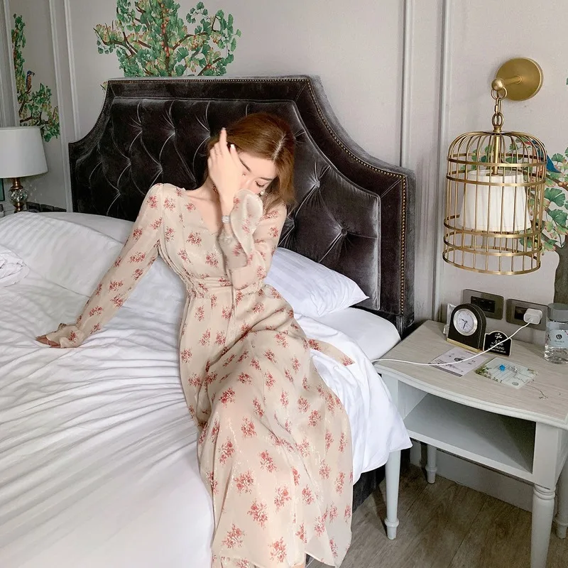 

Floral Retro Dress Women Autumn Elegant Print Bandage Dress Female Casual Full Korean Midi Dress Fall Dresses for Women 2021