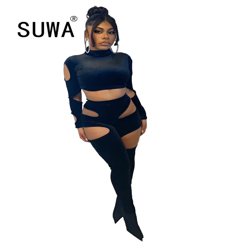 

Сексуальные Клубные наряды с боковыми вырезами для женщин, комплект из двух предметов, укороченный топ с длинным рукавом, классические брюк...