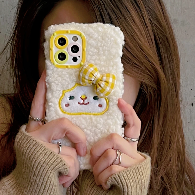 

Cute Cartoon Sheep Warm Lamb Plush Fabric Phone Case For iPhone 13 12 11 Pro Max X Xs Max Xr 7 8 Plus Case Fuzzy Soft Back Cover