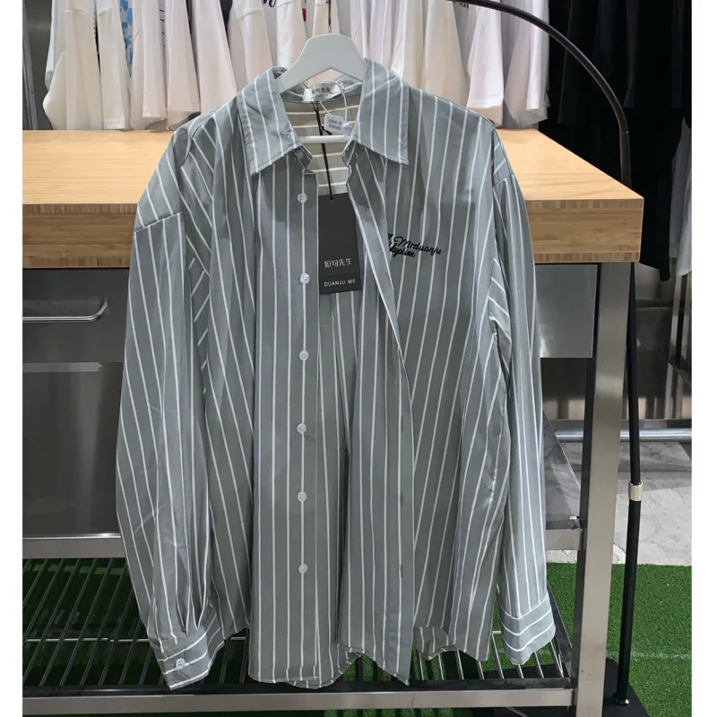

IEFB Autumn Thin Stripe Sunscreen Shirt Long Sleeves Blue Grey Green Lapel Tops 2021 New Oversize Loose Chic Trend Shirts 9Y8272