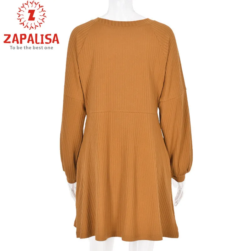 

Fashion Women Solid Color A-Line Dress for Streetwear Pockets Decor O-Neck Long Sleeve Mid Waist Casual Loose Mini Dress