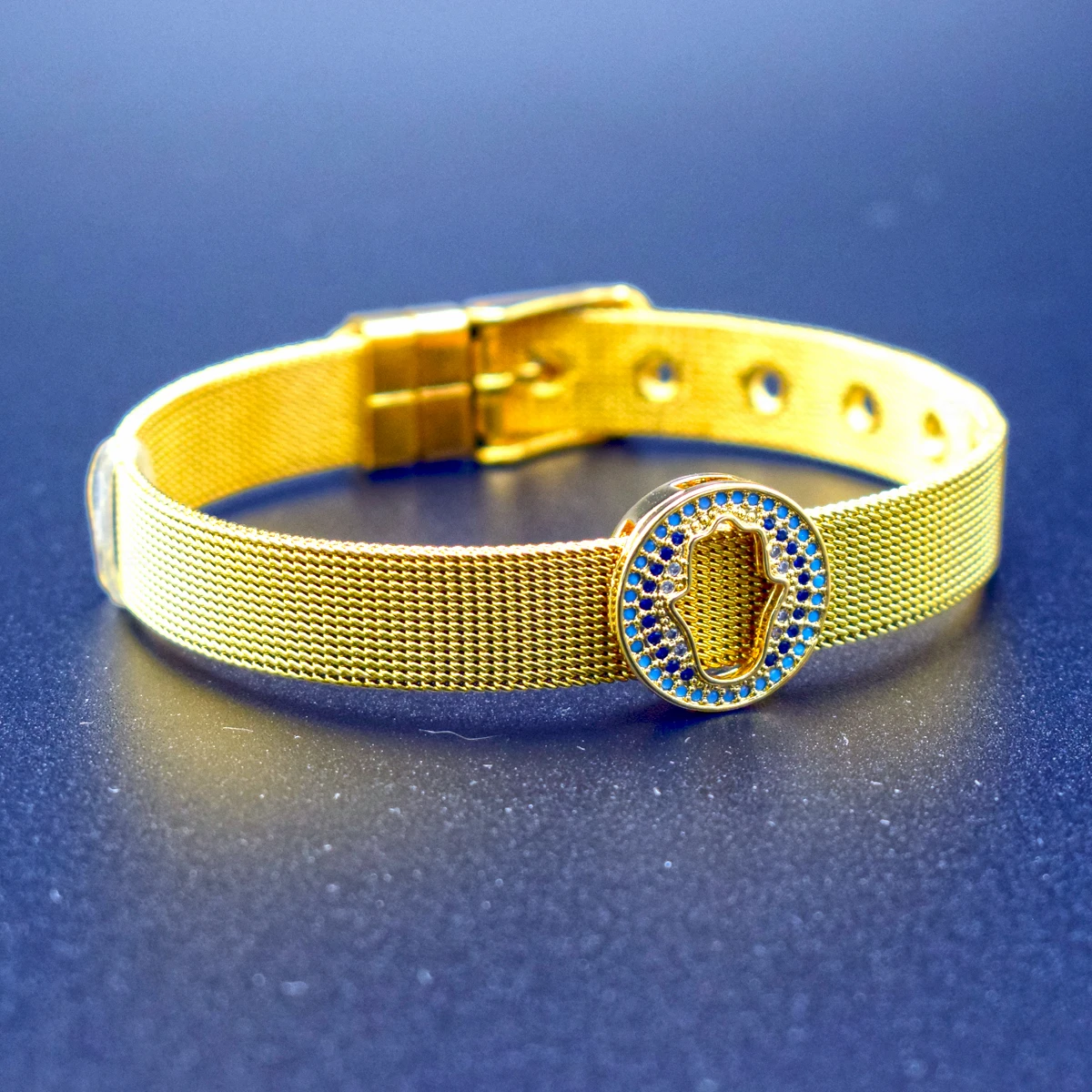 

Inless Steel Mesh Band Bracelet Gold Color Full Micro Paved CZ Zircon Hamsa Hand Bracelets Bangles for Women Jewelry