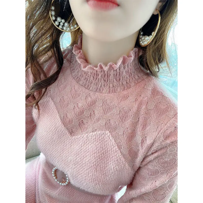 

Pink lace stitching wooden ear collar dress 2021 autumn and winter new women's interior with velvet flounced fishtail skirt