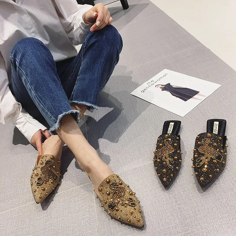 

Sandals women slippers Half Slippers Female 2021 New Summer Pointed Belt Drill Flat Bottom Outer Wear Low-Heeled Muller Slippers