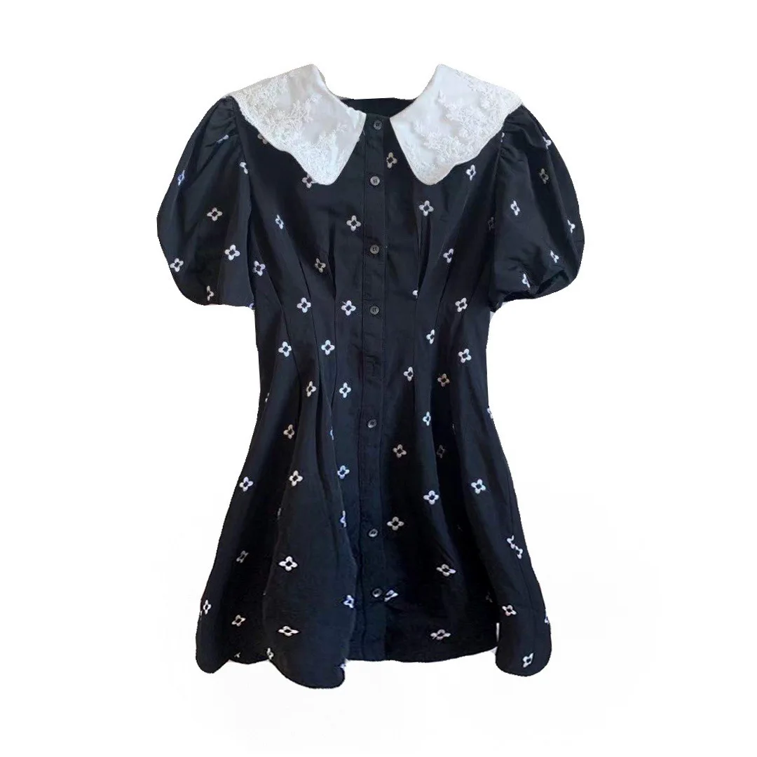 

2021 early spring new women's dress polyester black baby collar flower lace embroidery pleated bubble sleeve