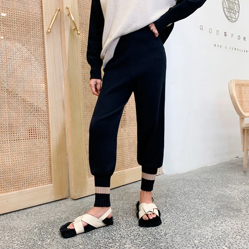 Женские кашемировые Свободные трикотажные брюки с красным пучком повседневные