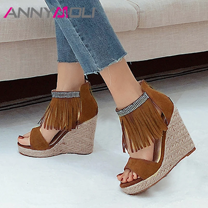 

ANNYMOLI Women Sandals Shoes Wedges Super High Heel Sandals Tassel Espadrille Shoes Round Toe Ladies Footwear Summer Size 34-46