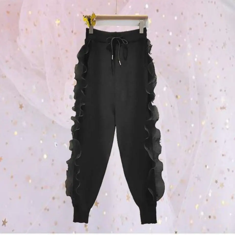 

Knitted Harem Pants Korean 2021 Autumn Winter Ruffle Patch Long Trousers Causal Lace Up High Waist Sweater Pants