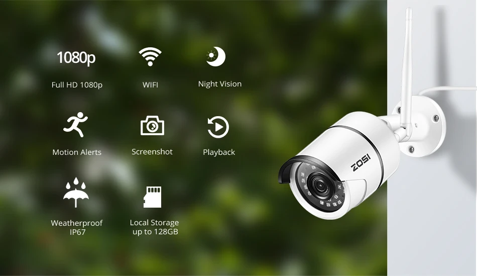 ZOSI Беспроводная ip-камера безопасности, 1080p Full HD уличная Водонепроницаемая WiFi IP камера наблюдения, камера обнаружения движения, сигнализация