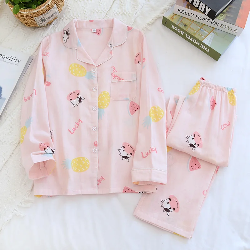 

2021 Cute Cartoon 100% Cotton Sleepwear Women Spring Summer Long Sleeve Loungewear Home Suit Female Homewear Pajamas Two Piece