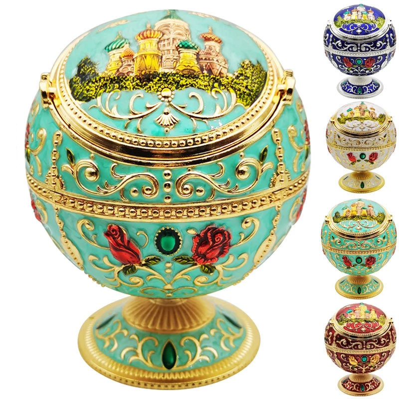 

Creative Windproof Ashtray Vintage Zinc Alloy Flower Pattern Globe Cigarette Ashtray Lid Tabletop Portable Home Decor Ash Tray