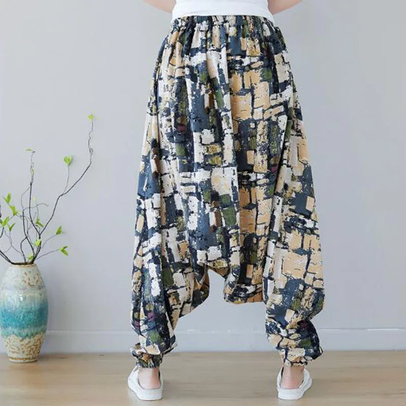 Женские свободные брюки-багги в стиле бохо эластичные брюки-шаровары из хлопка и